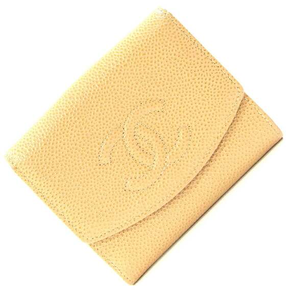 CHANEL Authentic Cream Caviar Leather Logo Wallet